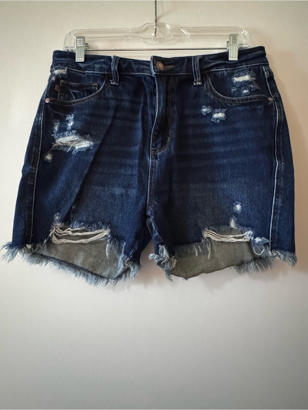 Judy Blue Dark Blue Distressed Frayed Hem Jean Shorts